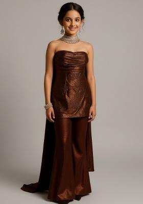 Girls Brown Foil Print Knit Sharara Set