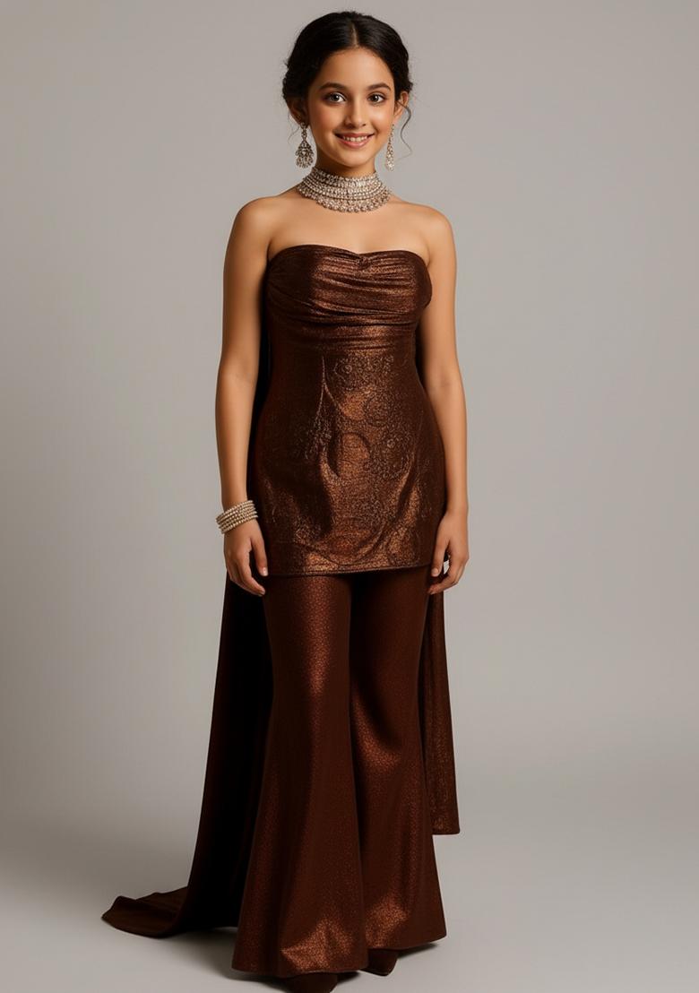 Girls Brown Foil Print Knit Sharara Set