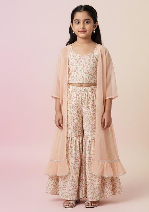 Girls Pink Floral Print Organza Kurta Set