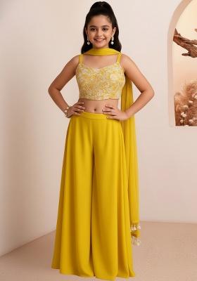 Girls Yellow Embroidered Georgette Kurta Set