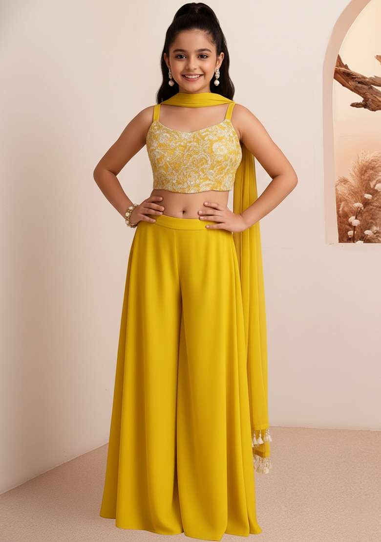 Girls Yellow Embroidered Georgette Kurta Set - Indya