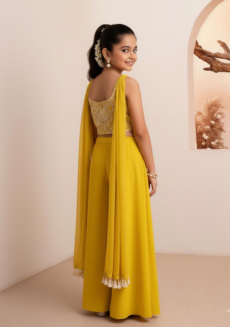 Girls Yellow Embroidered Georgette Kurta Set - Indya