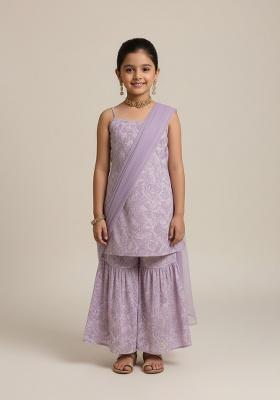 Girls Pink Embroidered Georgette Sharara Set