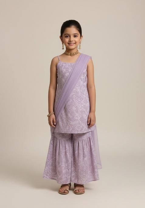 Girls Pink Embroidered Georgette Sharara Set