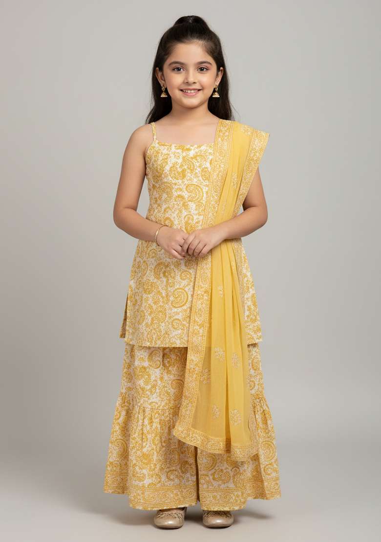 Girls White Embroidered Georgette Sharara Set - Indya