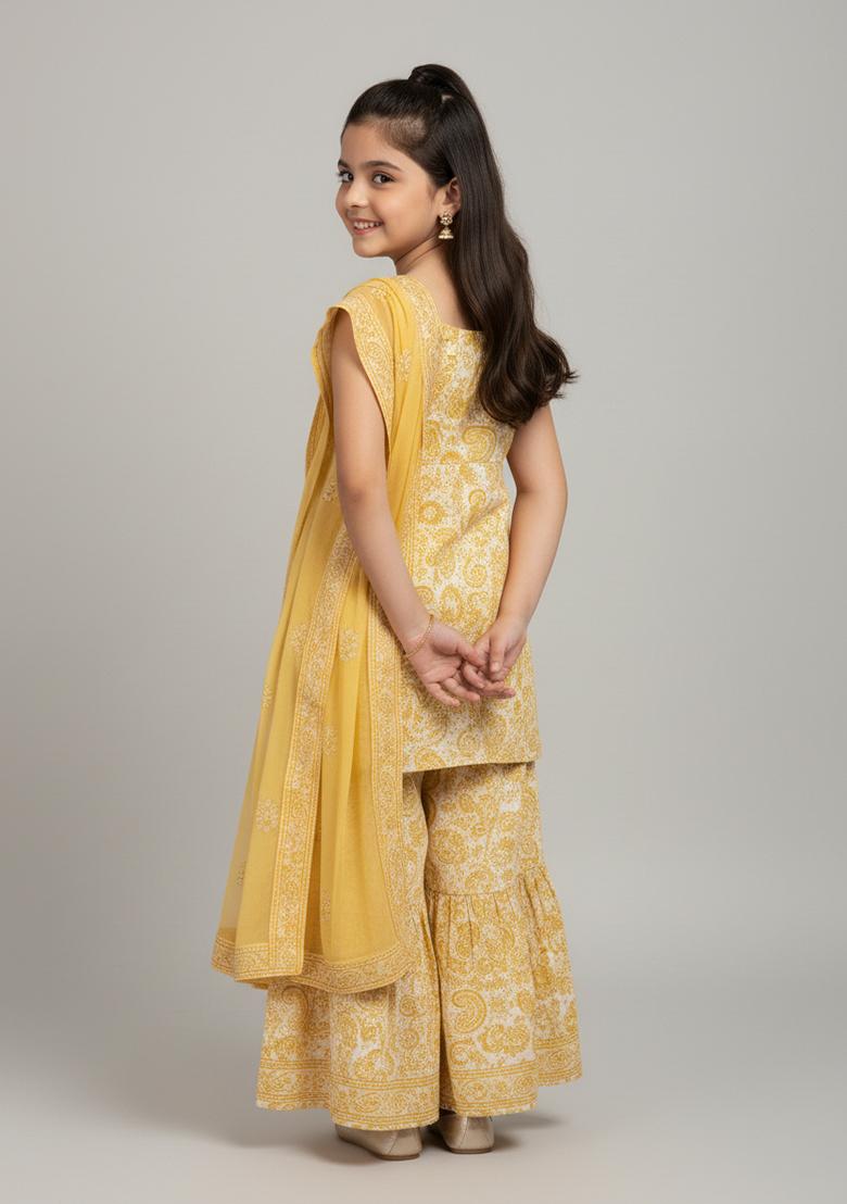 Girls White Embroidered Georgette Sharara Set - Indya