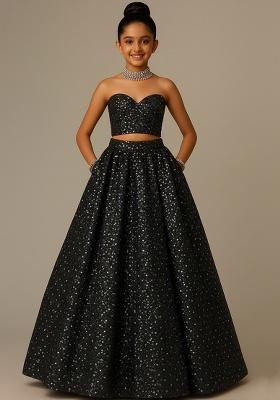 Girls Black Embellished Net Lehenga Set