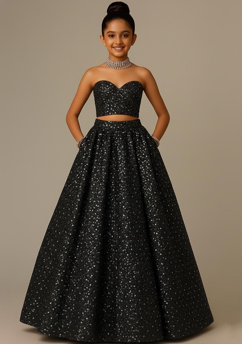 Girls Black Embellished Net Lehenga Set