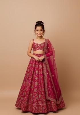 Girls Pink Embroidered Organza Lehenga Set