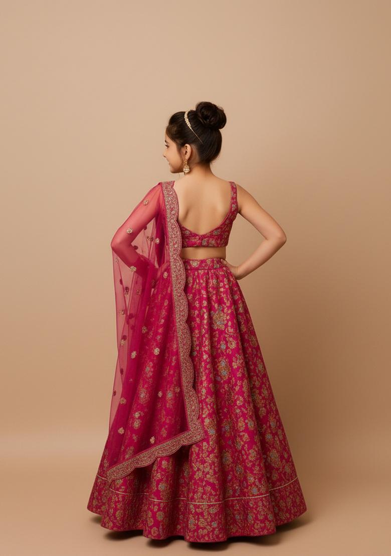Girls Pink Embroidered Organza Lehenga Set - Indya