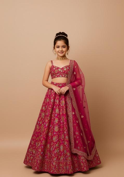 Girls Pink Embroidered Organza Lehenga Set