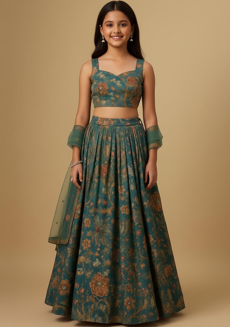 Girls Multi Color Floral Print Viscose Lehenga Set