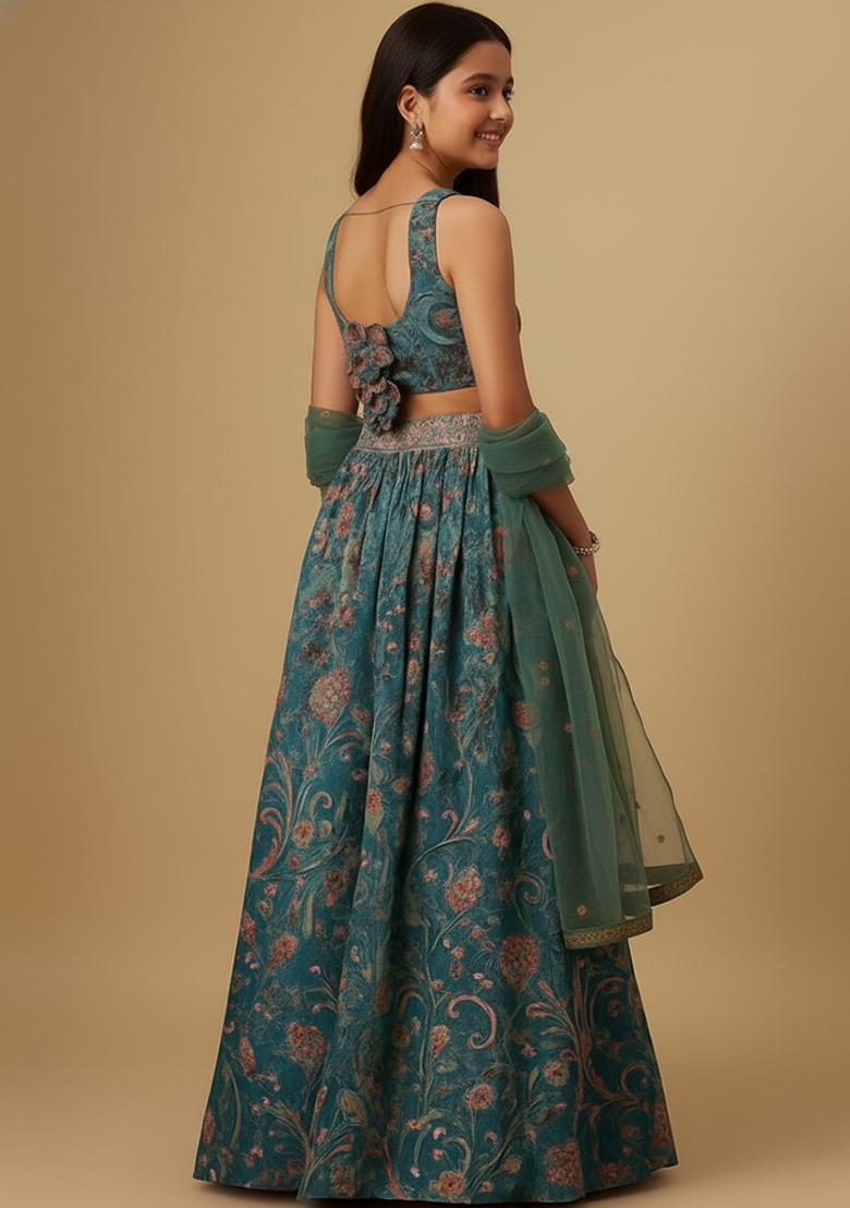 Girls Multi Color Floral Print Viscose Lehenga Set