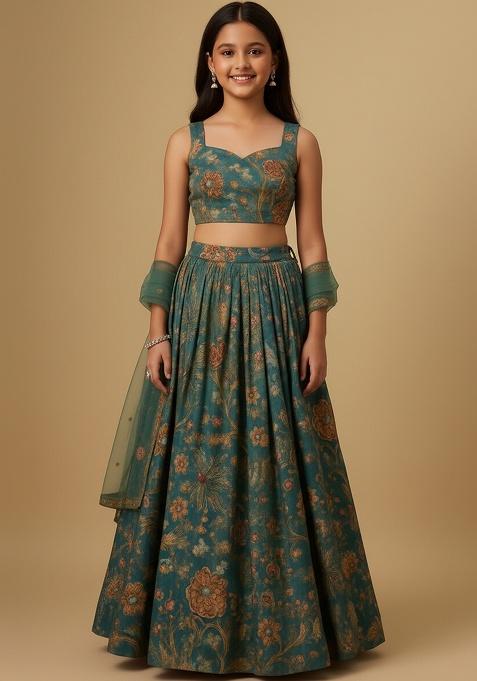 Girls Multi Color Floral Print Viscose Lehenga Set