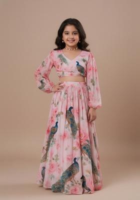 Girls Pink Peacock Print Crop Top Skirt Set