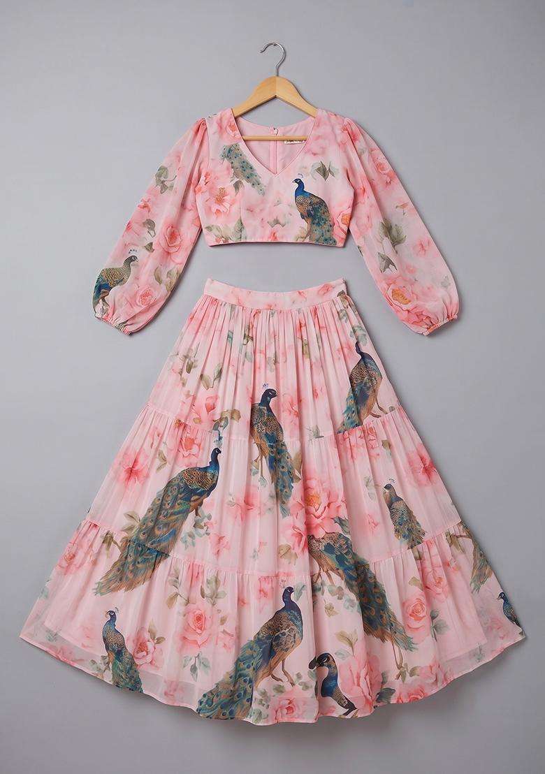 Girls Pink Peacock Print Crop Top Skirt Set - Indya