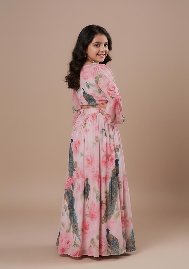 Girls Pink Peacock Print Crop Top Skirt Set - Indya