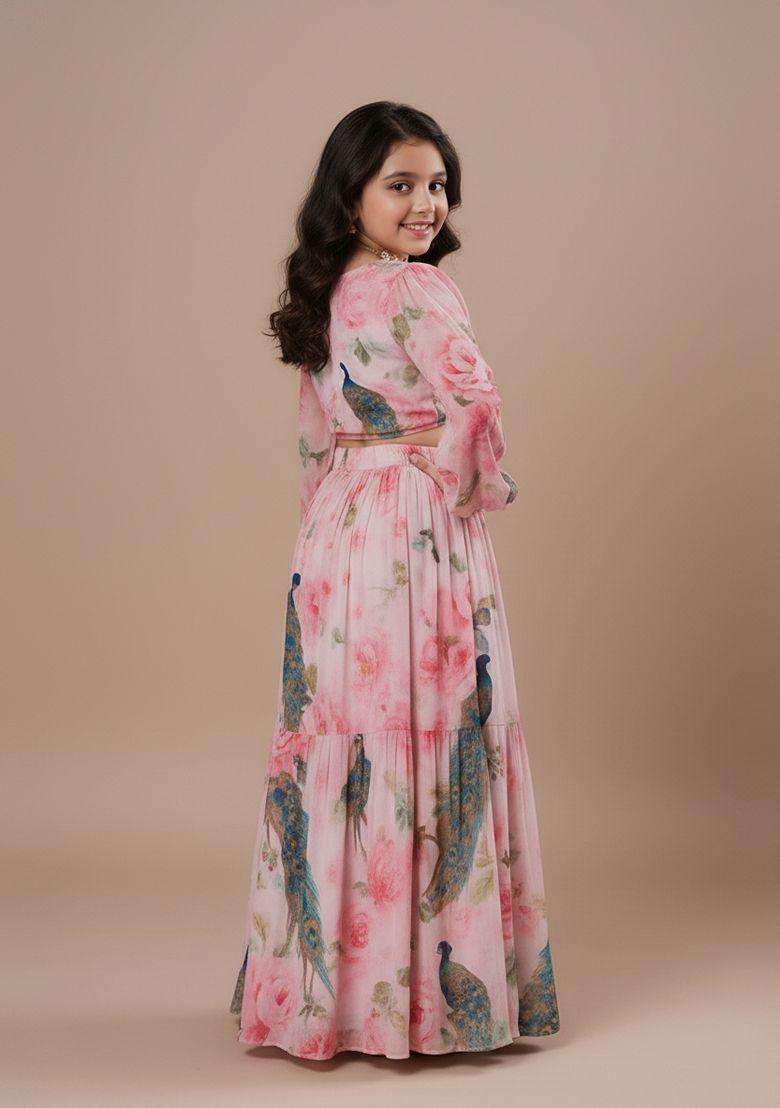 Girls Pink Peacock Print Crop Top Skirt Set - Indya