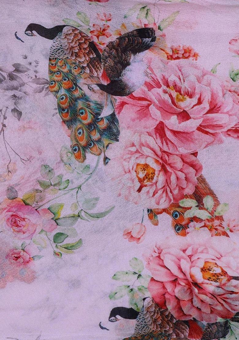 Girls Pink Peacock Print Crop Top Skirt Set - Indya