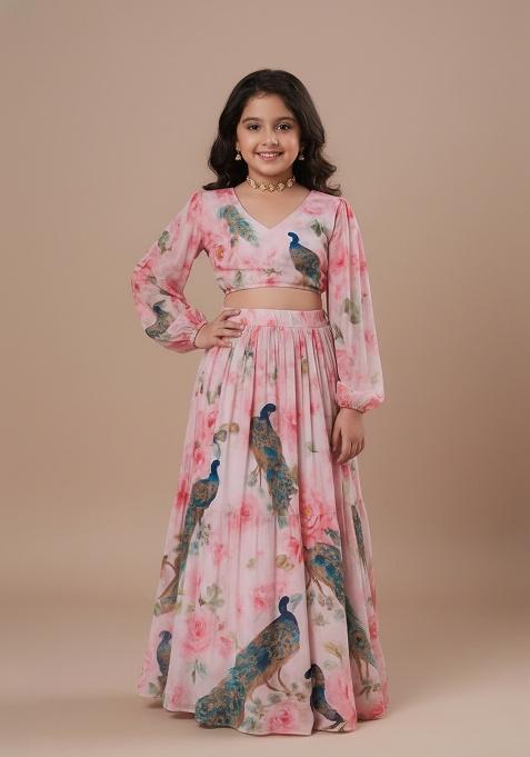Girls Pink Peacock Print Crop Top Skirt Set