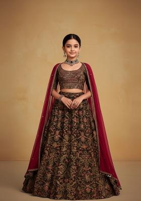 Girls Black Floral Print Lehenga Set