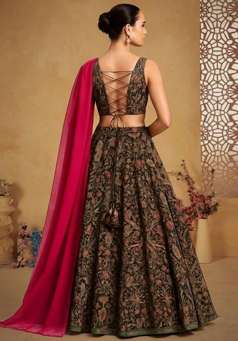 Girls Black Floral Print Lehenga Set
