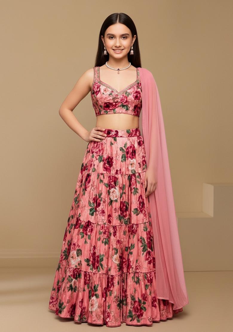 Girls Pink Floral Print Georgette Lehenga Set