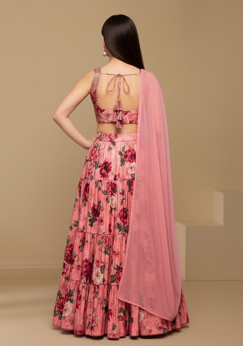 Girls Pink Floral Print Georgette Lehenga Set - Indya