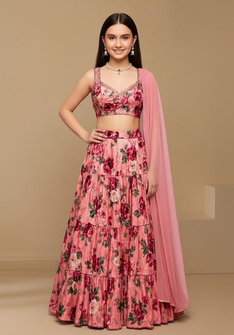 Girls Pink Floral Print Georgette Lehenga Set