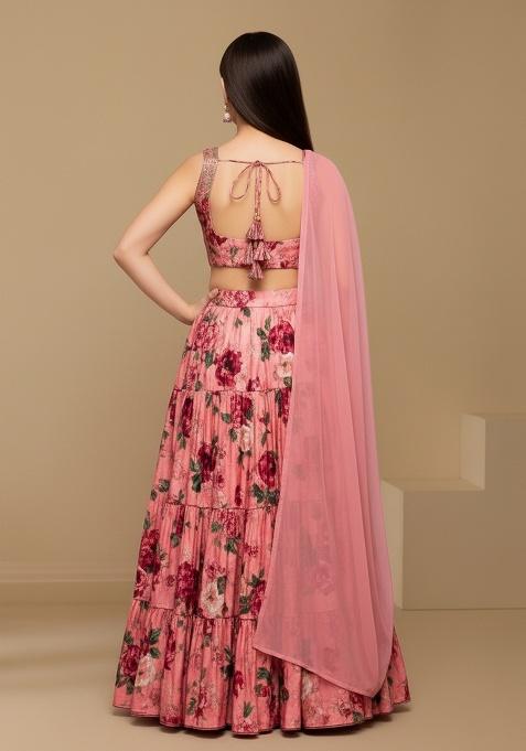Girls Pink Floral Print Georgette Lehenga Set