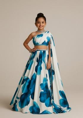 Girls White Embroidered Georgette Lehenga Set