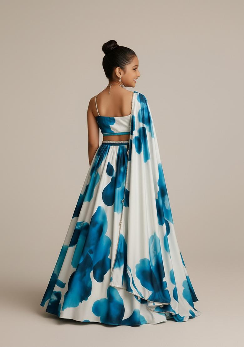 Girls White Embroidered Georgette Lehenga Set - Indya