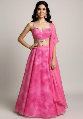 Girls Pink Embroidered Organza Lehenga Set
