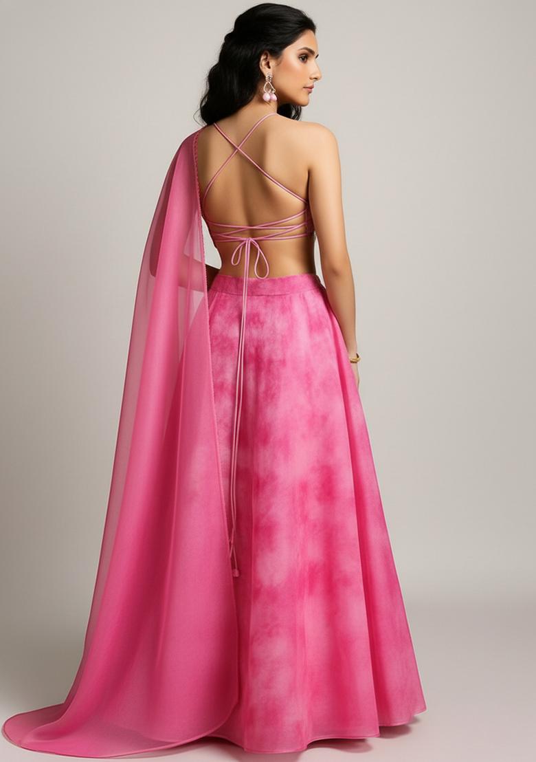 Girls Pink Embroidered Organza Lehenga Set - Indya