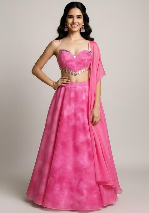 Girls Pink Embroidered Organza Lehenga Set