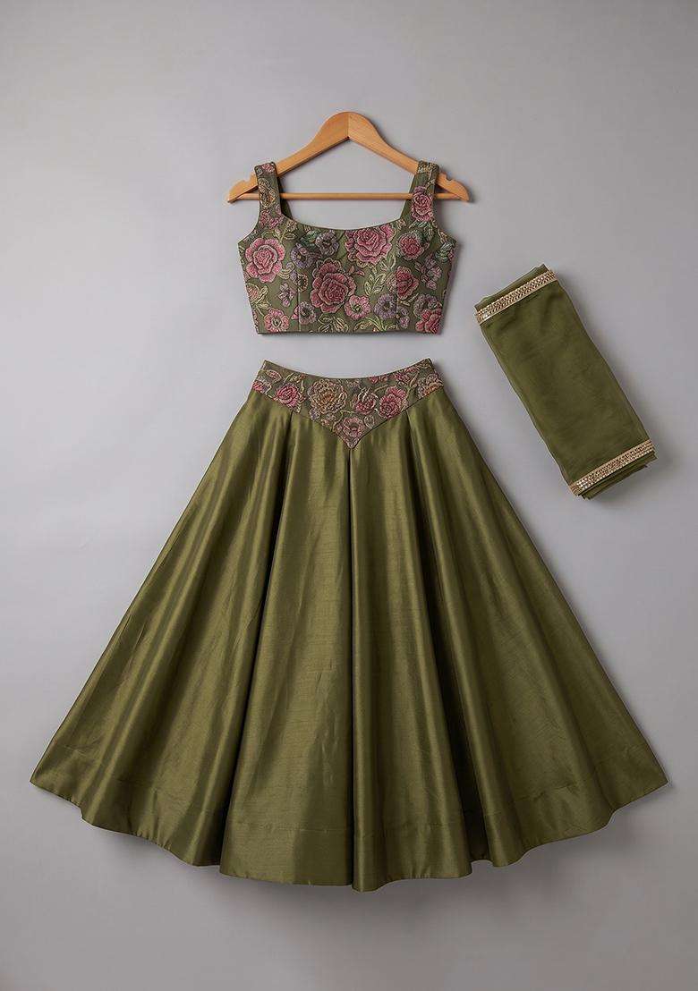 Girls Green Embroidered Chinon Lehenga Set - Indya