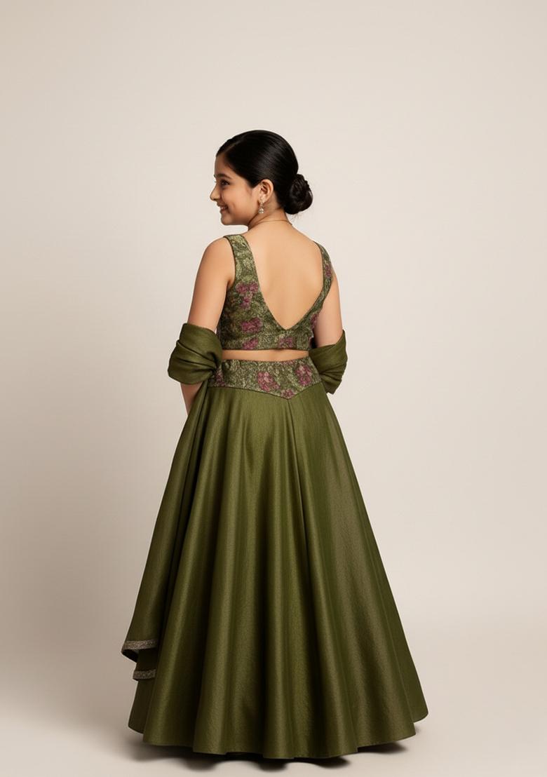 Girls Green Embroidered Chinon Lehenga Set - Indya