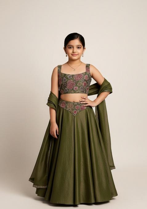 Girls Green Embroidered Chinon Lehenga Set