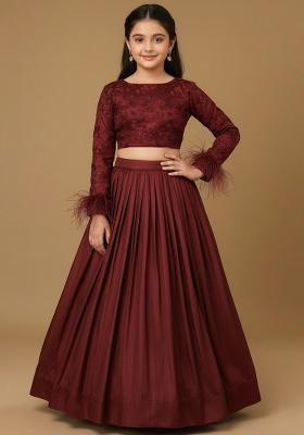 Girls Maroon Embroidered Georgette Lehenga Set