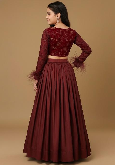 Girls Maroon Embroidered Georgette Lehenga Set