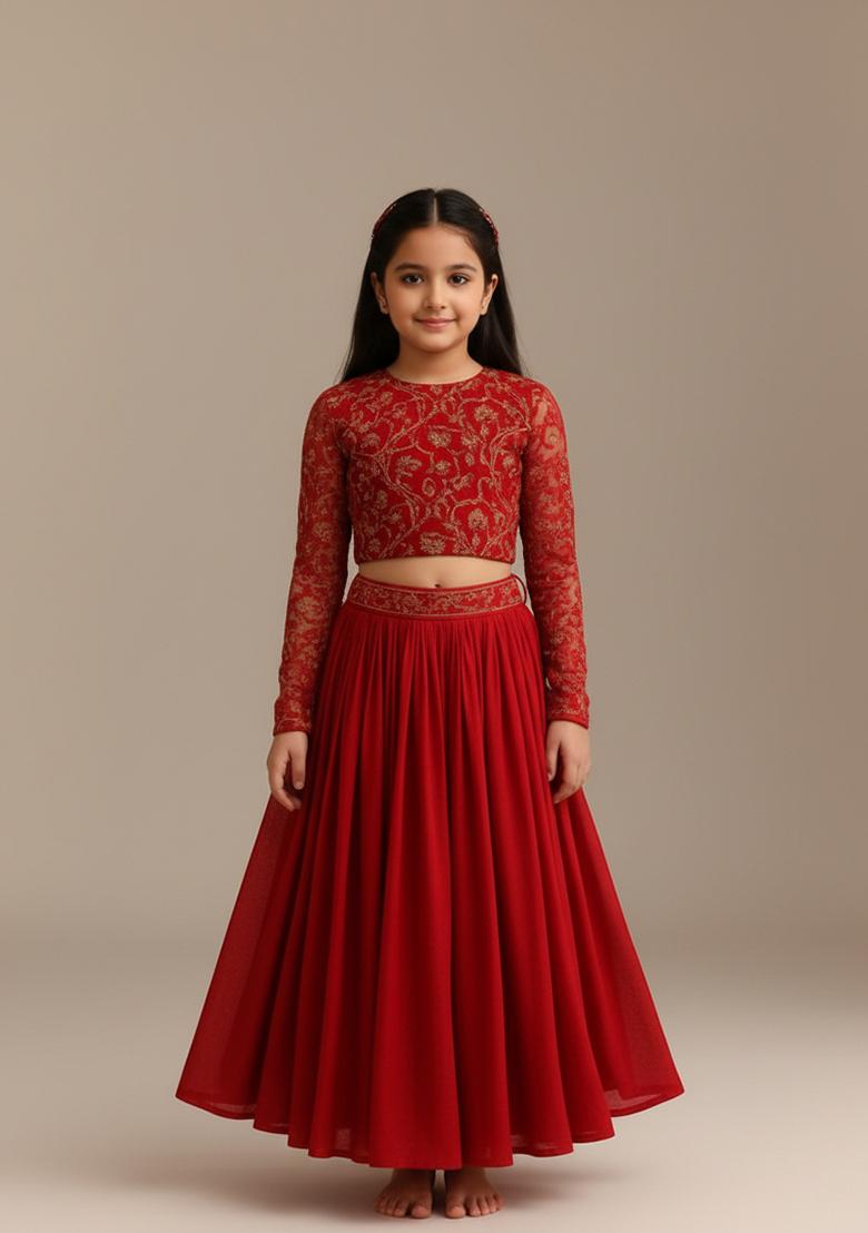 Girls Red Embroidered Georgette Lehenga Set