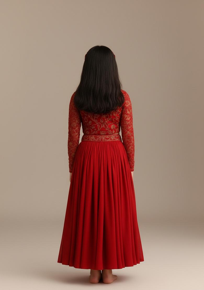 Girls Red Embroidered Georgette Lehenga Set - Indya