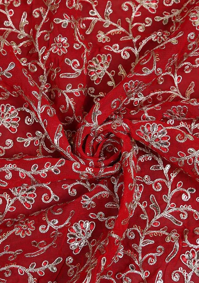 Girls Red Embroidered Georgette Lehenga Set