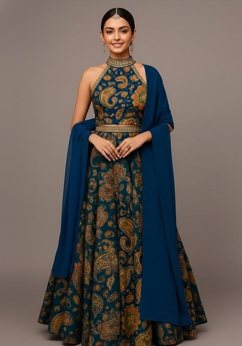 Girls Multi Color Floral Print Satin Lehenga Set