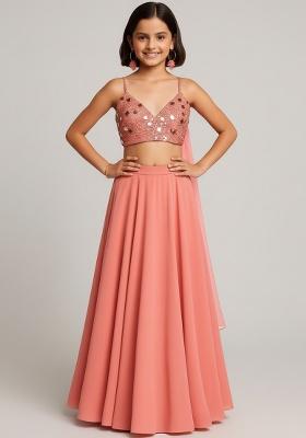 Girls Pink Embroidered Georgette Lehenga Set