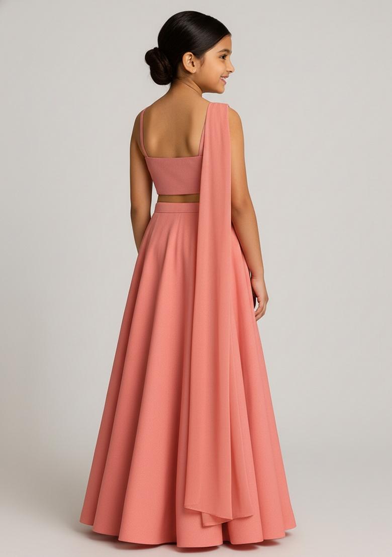 Girls Pink Embroidered Georgette Lehenga Set - Indya