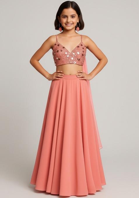 Girls Pink Embroidered Georgette Lehenga Set