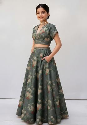 Girls Grey Floral Print Tussar Lehenga Set