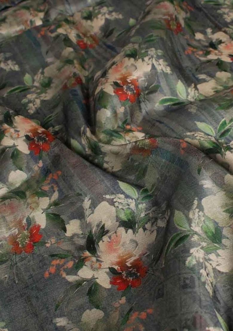 Girls Grey Floral Print Tussar Lehenga Set