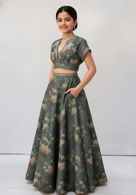 Girls Grey Floral Print Tussar Lehenga Set